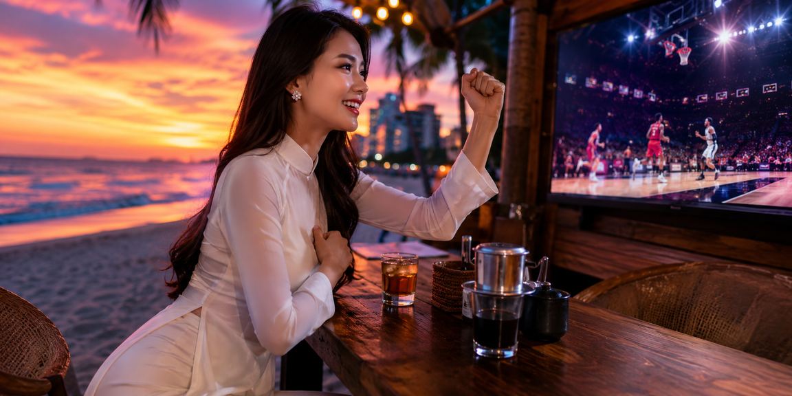 Phụ nữ mặc áo dài tại Đà Nẵng theo dõi kèo bóng rổ và thực hiện giao dịch online