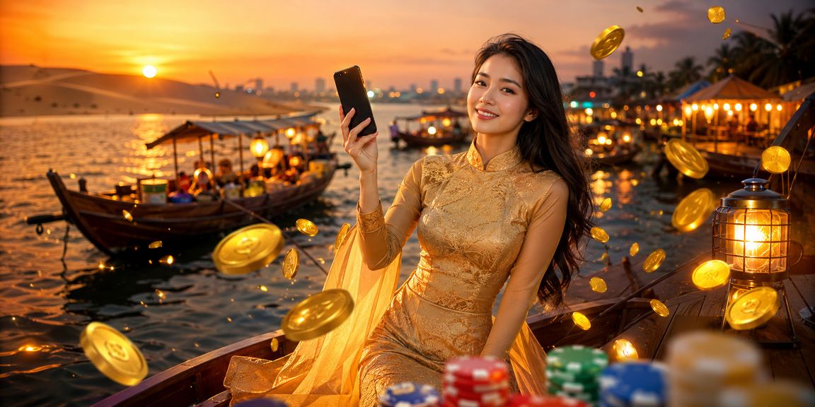 Phụ nữ mặc áo dài tại Mũi Né chơi casino mobile bên bờ biển buổi tối