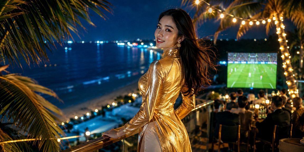Người dùng mặc áo dài tại Phú Quốc theo dõi kèo bóng đá trực tuyến trên điện thoại